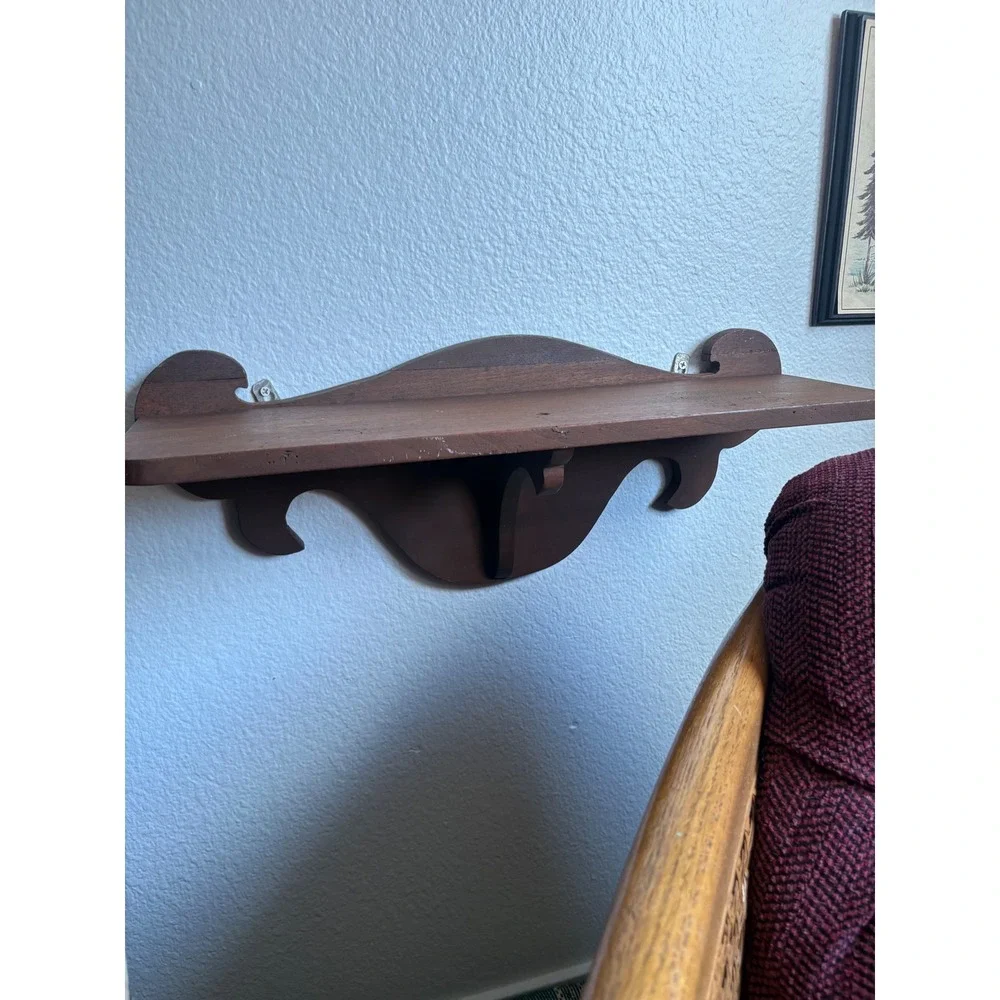 Vintage Dark Wood Floating Wall Shelf Scalloped Decorative Display 22 Inch